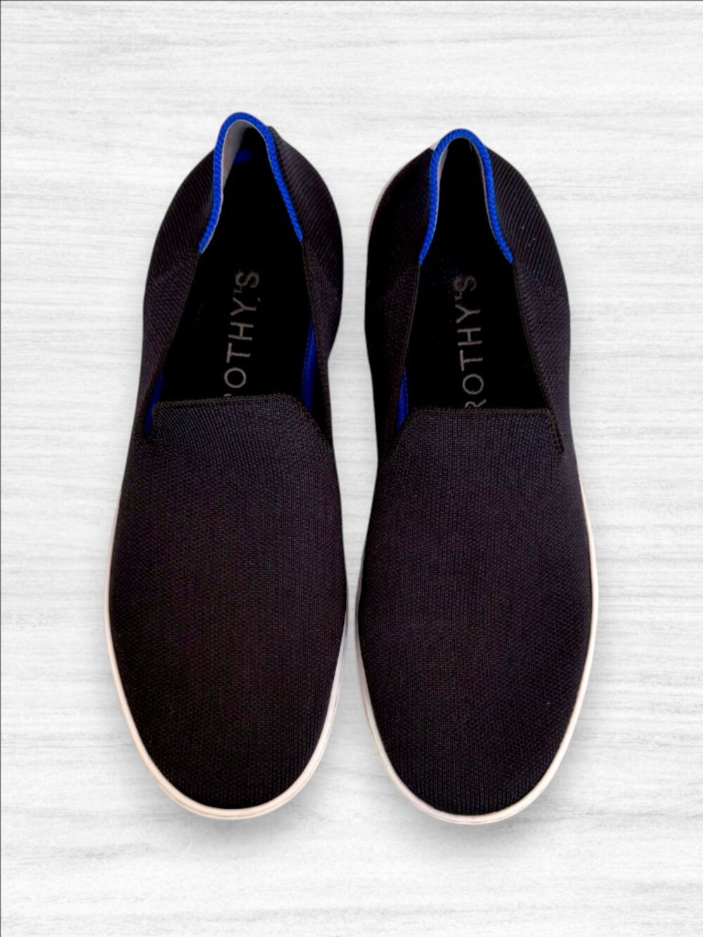 Rothy’s The Original Slip On Sneaker Black Solid Blue Stripe Size 9
